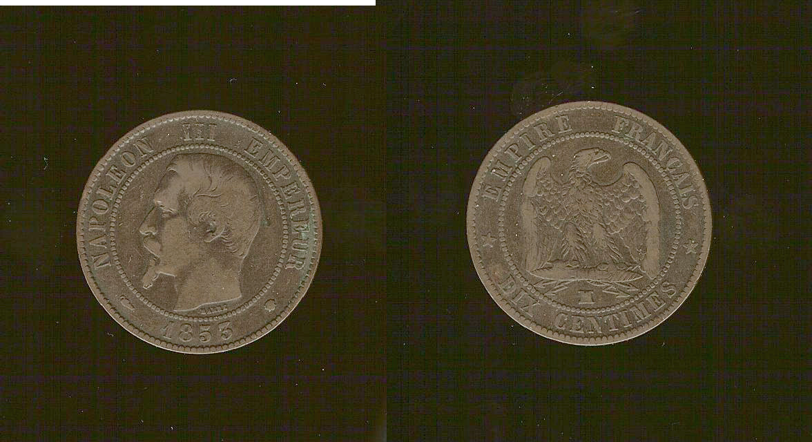 10 centimes Napoleon III 1853MA gF/VF